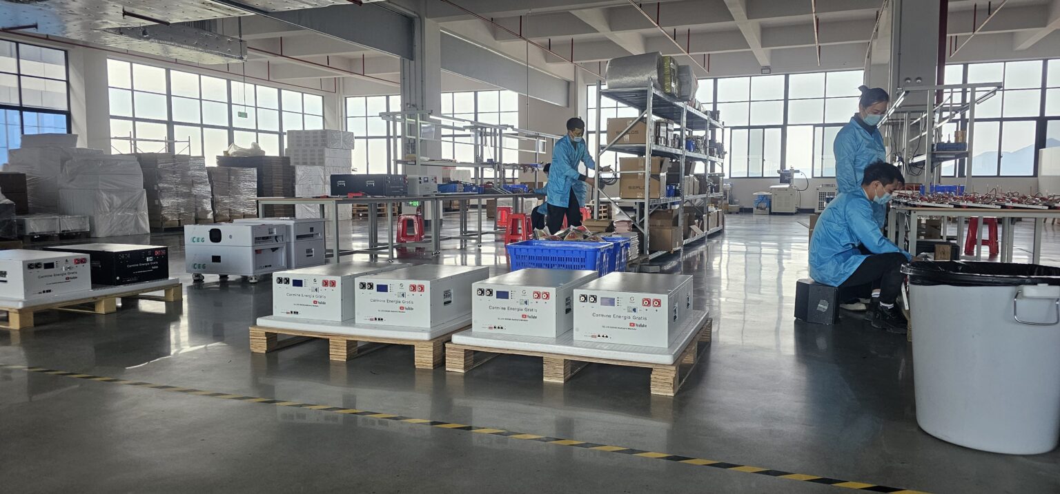 Inside the factory in China, with Carmine Energia Gratis and CEG battery boxes and operators at work