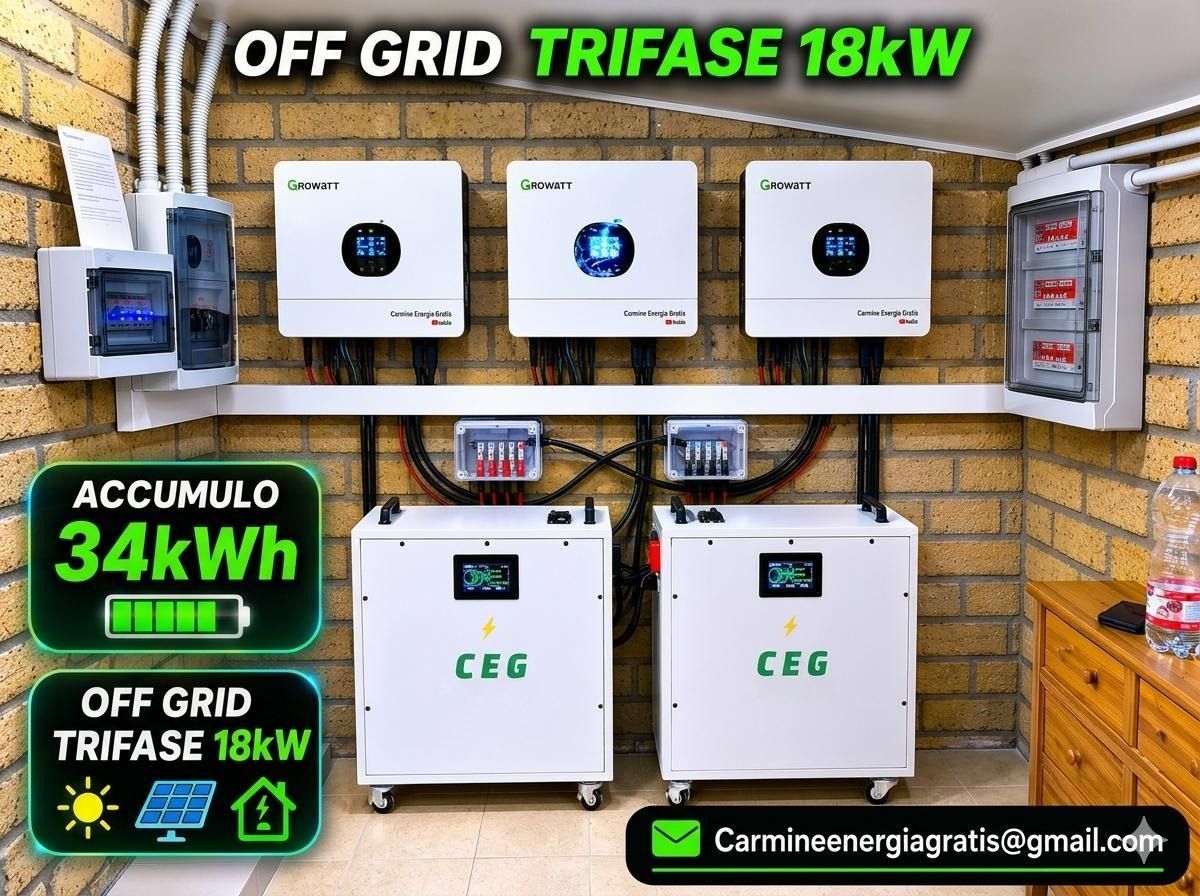 Locandina originale off-grid trifase 18 kW CEG · accumulo 34 kWh · 2 batterie